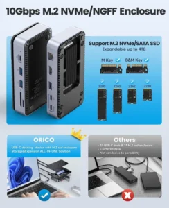 ORICO-USB C HUB with Cooling Fan M.2 NVMe SATA SSD Enclosure External 10Gbps 4K 60Hz HDMI-Com RJ45 SD TF Docking Station 5