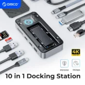 ORICO-USB C HUB with Cooling Fan M.2 NVMe SATA SSD Enclosure External 10Gbps 4K 60Hz HDMI-Com RJ45 SD TF Docking Station 1