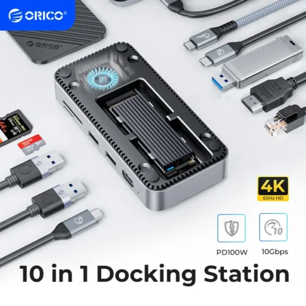 ORICO-USB C HUB with Cooling Fan M.2 NVMe SATA SSD Enclosure External 10Gbps 4K 60Hz HDMI-Com RJ45 SD TF Docking Station 1