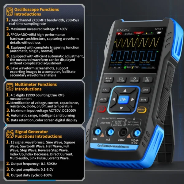 FNIRSI 2C23T 2C53T Upgrade 50MHz Handheld Digital Oscilloscope Multimeter Signal Generator  3 in 1 Dual Channel Automotive Tools 2