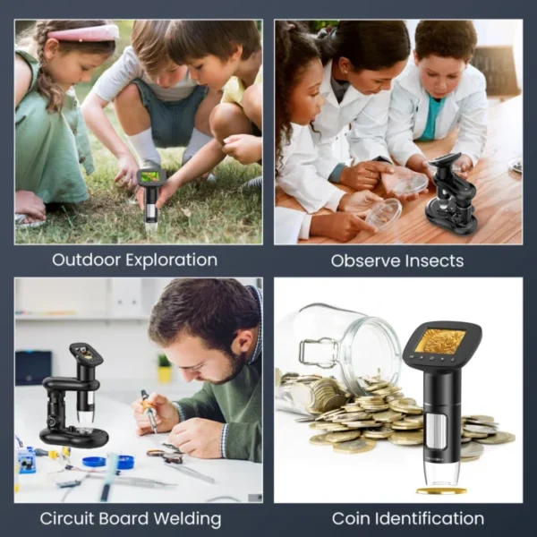 RIEVBCAU Handheld Digital Microscope with 2" LCD Screen 1000X Pocket Microscope with 8 LEDs Coins Electronic Magnifier，PC Views 2