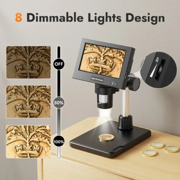 Digital Microscope 4.3" LCD USB Coin Microscope 1000X 1080P Error Coin Magnifier with 8 Adjustable LEDs Microscopio for Repair 4