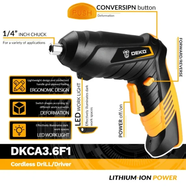 DEKO DKCS3.6O1 Cordless Electric Screwdriver Rechargeable Power akku Screwdriver Twistable Handle LED Torch Power Tool 6