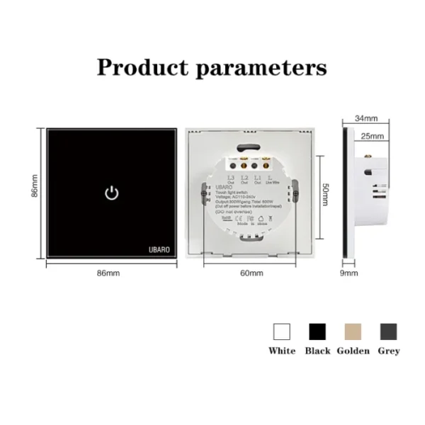 UBARO Eu Wall Touch Switch Luxury Glass Panel Led Indicator Power Light Sensor Button Live Wire Control Switches 1/2/3 Gang 6