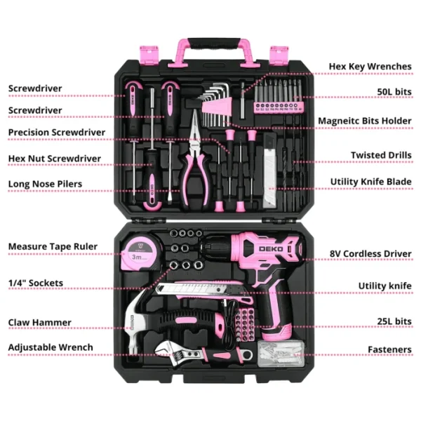 DEKO 126Pcs Power Tool Combo Kits with 8V Cordless Drill,10MM 3/8'' Keyless Chuck,Professional Home Household DIY Hand Tool Kits 2