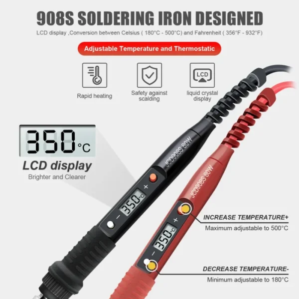 JCD 80W Digital Electric Soldering Iron 908S Temperature Adjustable 220V 110V LCD Display Ceramic Heater Welding Repair Tool Kit 2