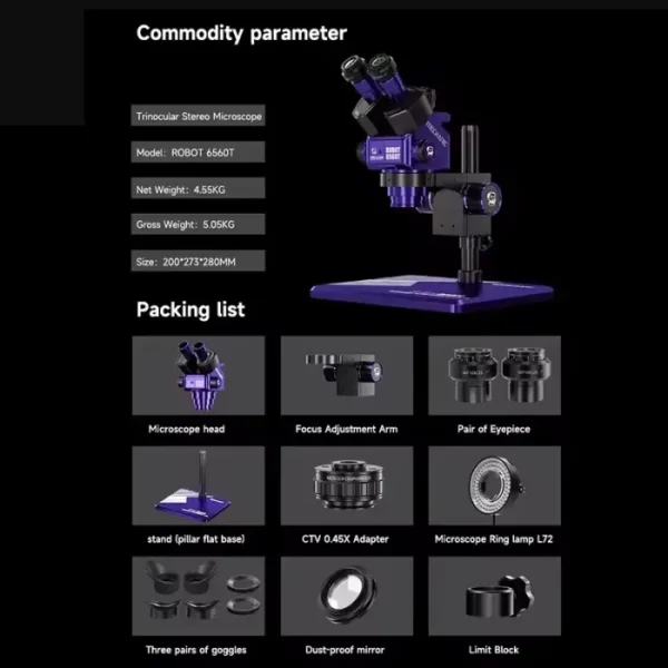 MECHANIC ROBOT 6560T-B11 Trinocular Stereo Industrial Microscope 6.5-60X Continuous Zoom WF10X25 Eyepiece 0.45X Camera Adapter 6