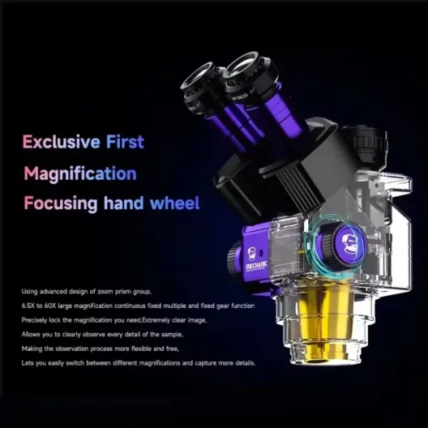 MECHANIC ROBOT 6560T-B11 Trinocular Stereo Industrial Microscope 6.5-60X Continuous Zoom WF10X25 Eyepiece 0.45X Camera Adapter 3