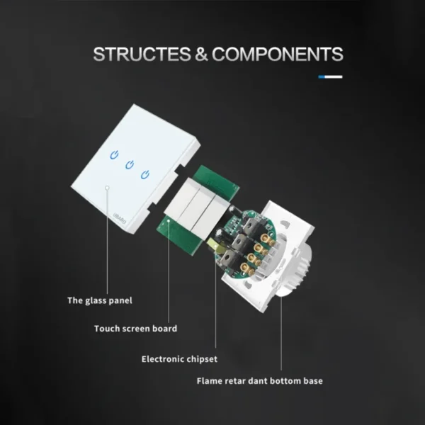 UBARO Eu Wall Touch Switch Luxury Glass Panel Led Indicator Power Light Sensor Button Live Wire Control Switches 1/2/3 Gang 5