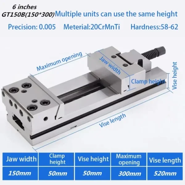 GT150B Maximum Clamping Force 5000KG Jaw Width 150mm Maximum Opening 300mm Precision Vise 6 Inches Machine Vise CNC Vise 2