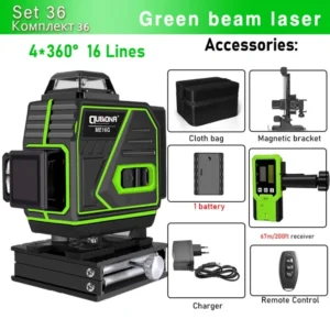 CLUBIONA 16/12 lines Self-leveling Remote Control Outdoor Mode - Receiver Auto 3x360 Green beam Line Laser Level 25