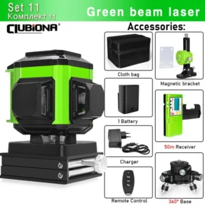 CLUBIONA 16/12 lines Self-leveling Remote Control Outdoor Mode - Receiver Auto 3x360 Green beam Line Laser Level 24