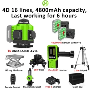 CLUBIONA 16/12 lines Self-leveling Remote Control Outdoor Mode - Receiver Auto 3x360 Green beam Line Laser Level 15