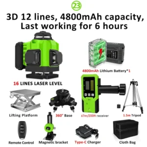 CLUBIONA 16/12 lines Self-leveling Remote Control Outdoor Mode - Receiver Auto 3x360 Green beam Line Laser Level 19