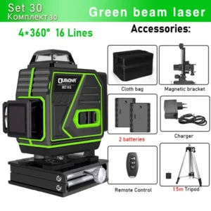 CLUBIONA 16/12 lines Self-leveling Remote Control Outdoor Mode - Receiver Auto 3x360 Green beam Line Laser Level 32