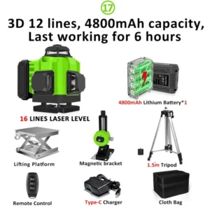 CLUBIONA 16/12 lines Self-leveling Remote Control Outdoor Mode - Receiver Auto 3x360 Green beam Line Laser Level 18