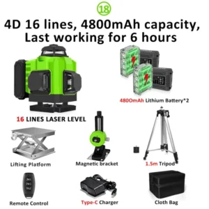 CLUBIONA 16/12 lines Self-leveling Remote Control Outdoor Mode - Receiver Auto 3x360 Green beam Line Laser Level 23