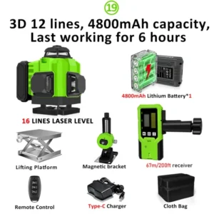 CLUBIONA 16/12 lines Self-leveling Remote Control Outdoor Mode - Receiver Auto 3x360 Green beam Line Laser Level 14