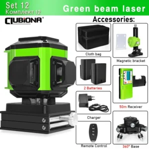 CLUBIONA 16/12 lines Self-leveling Remote Control Outdoor Mode - Receiver Auto 3x360 Green beam Line Laser Level 36