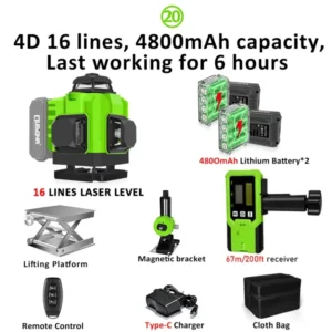 CLUBIONA 16/12 lines Self-leveling Remote Control Outdoor Mode - Receiver Auto 3x360 Green beam Line Laser Level 22