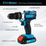21V Cordless Electric Hand Drill 1800rpm Brushed Pistol Impact Drill 3/8" Electric Screwdriver Rechargeable Household Power Tool 3