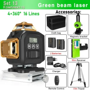 Clubiona 16-Line 4D Green Laser Level with 360° Rotation, High-Precision Vertical and Horizontal Lines for Decoration. 24