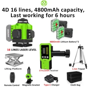 CLUBIONA 16/12 lines Self-leveling Remote Control Outdoor Mode - Receiver Auto 3x360 Green beam Line Laser Level 21