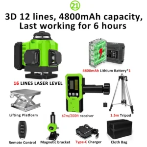 CLUBIONA 16/12 lines Self-leveling Remote Control Outdoor Mode - Receiver Auto 3x360 Green beam Line Laser Level 10